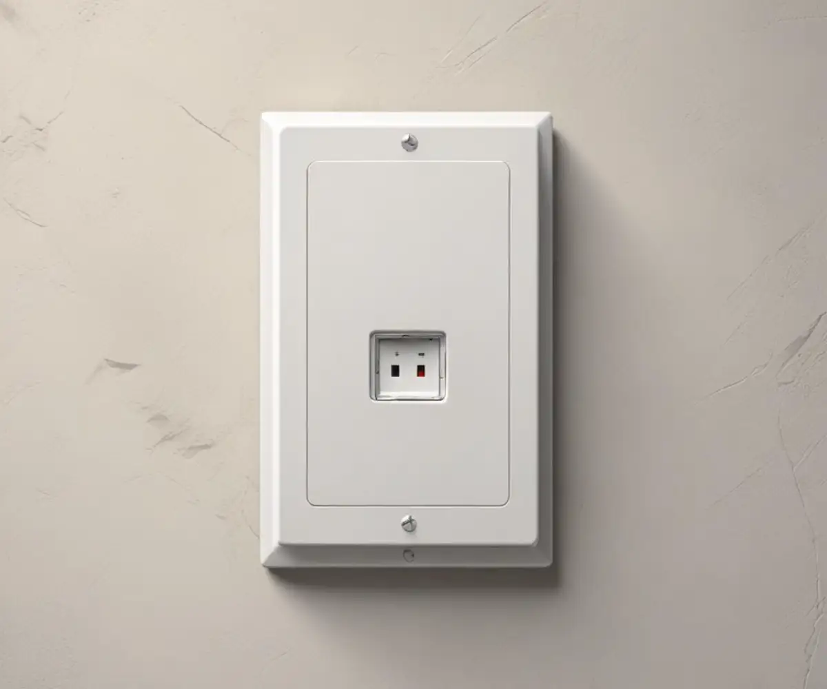 A white, single-gang blank wall plate mounted flush on a plain, light-gray wall, covering an unused electrical box.