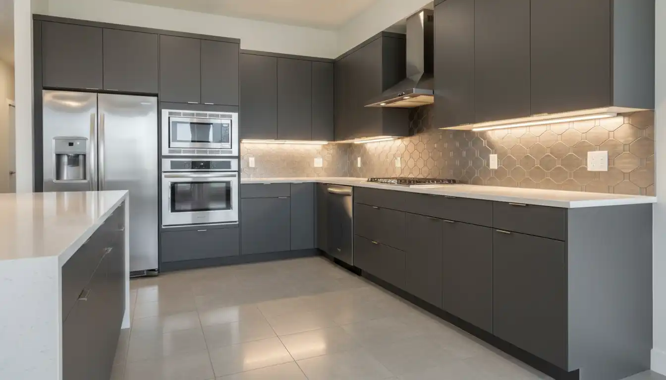 A modern kitchen with a seamless collection of mixed-brand stainless steel appliances under bright cabinet lighting.