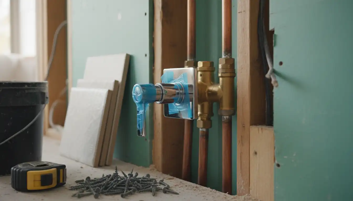 A chrome, single-handle shower valve rough-in mounted inside an open wall before tile installation.