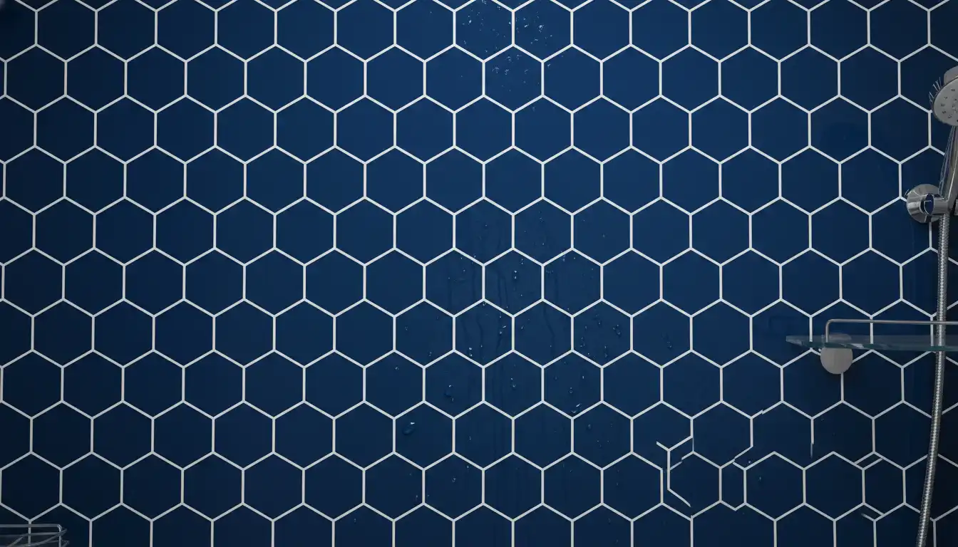 A close-up view of navy blue hexagonal tiles with crisp, white grout lines on a shower wall.