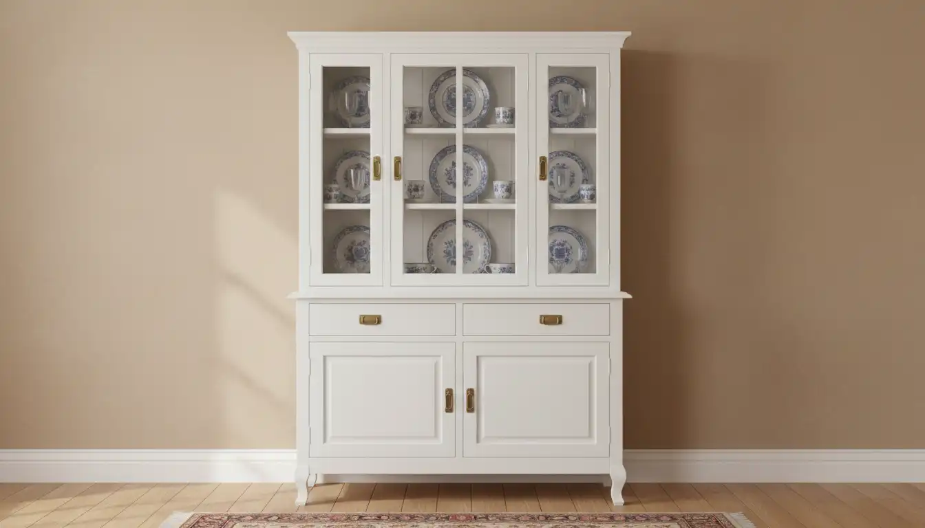 A vintage wooden china cabinet painted with a smooth, matte white finish, displayed against a neutral wall.