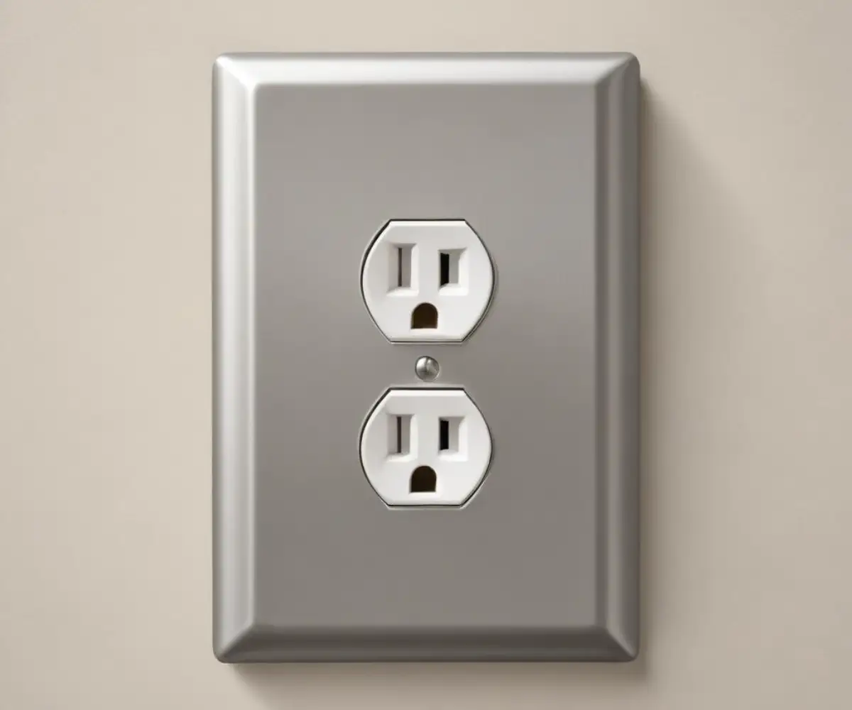 A satin nickel light switch and outlet cover mounted on a smooth, light gray wall.