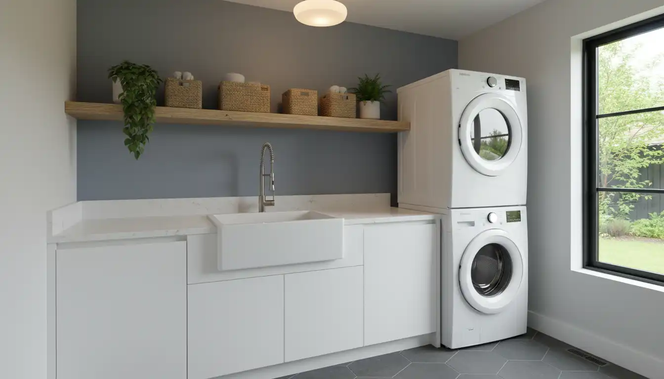 A modern laundry room with a white washer and dryer set against a gray wall.
