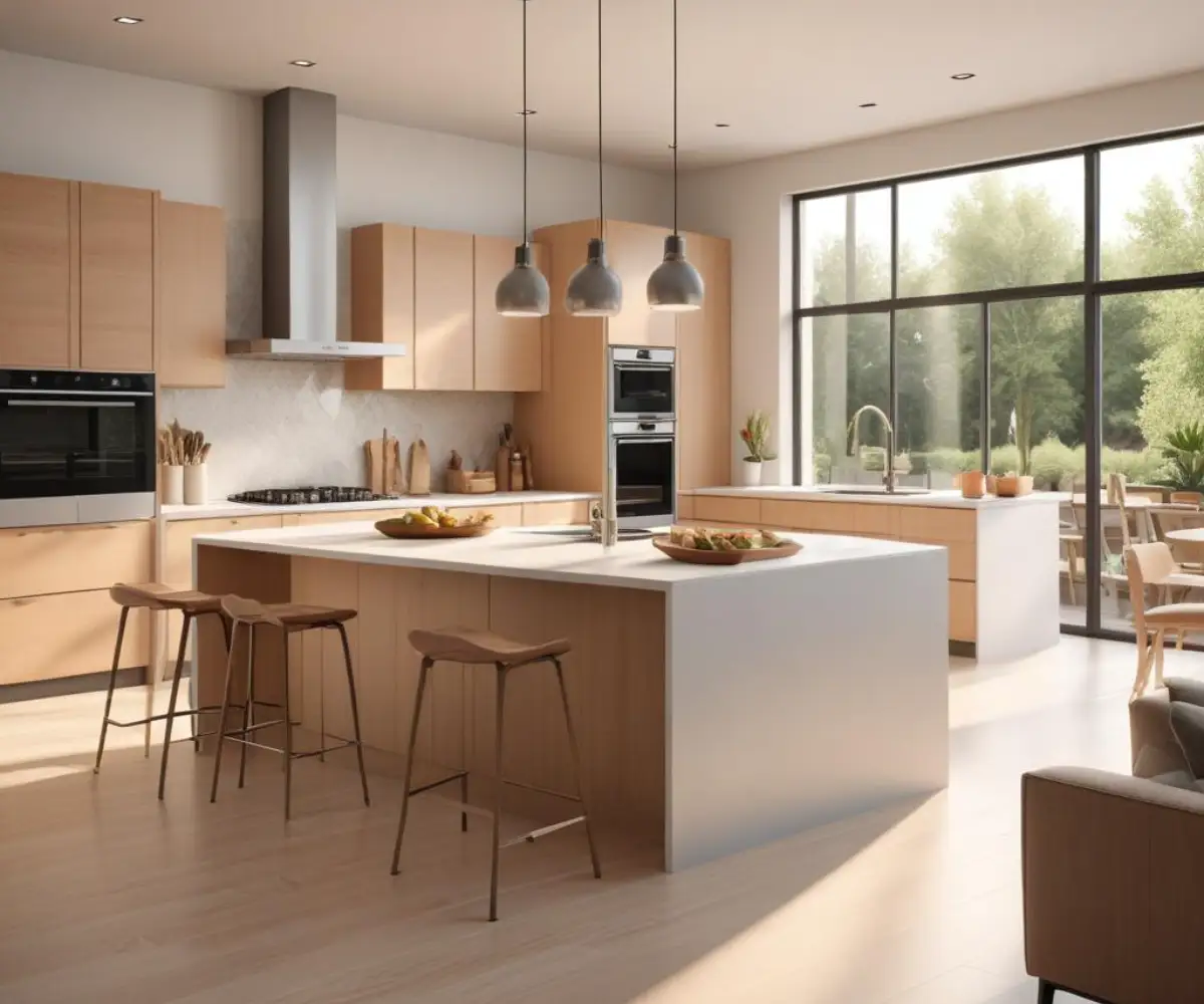 A photorealistic 3D rendering of a modern open-concept kitchen design.