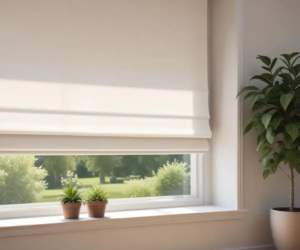 The seamless white fabric back of a roman shade covering a multi-pane window, as seen from outside the house.