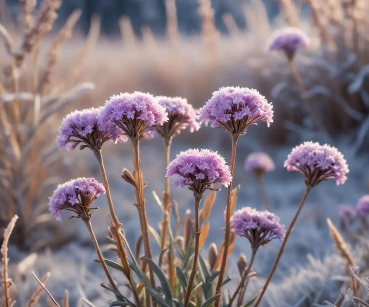 Dried, dormant phlox stems with residual seed heads in a frost-covered garden.