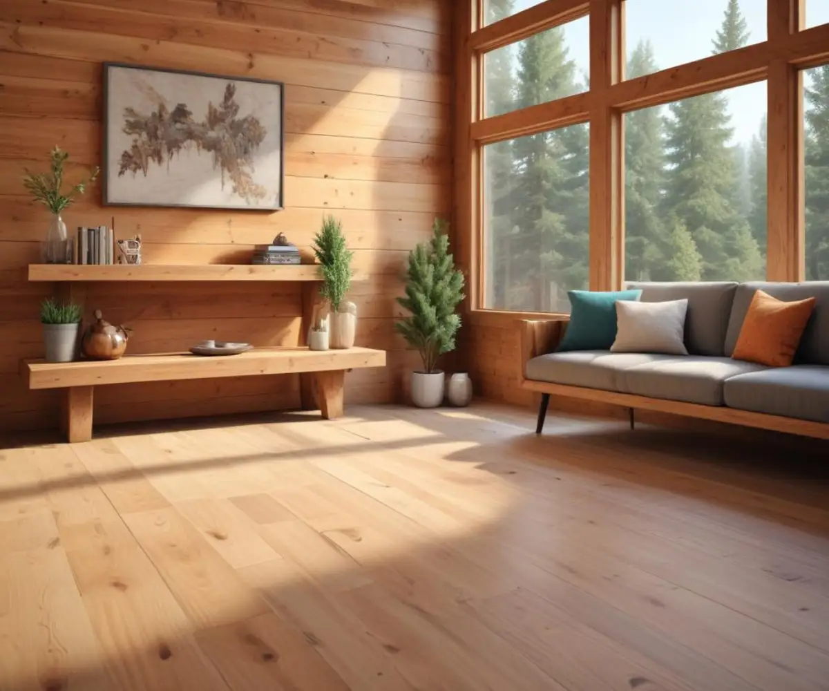 A rustic living space with natural cedar plank walls and polished concrete flooring.