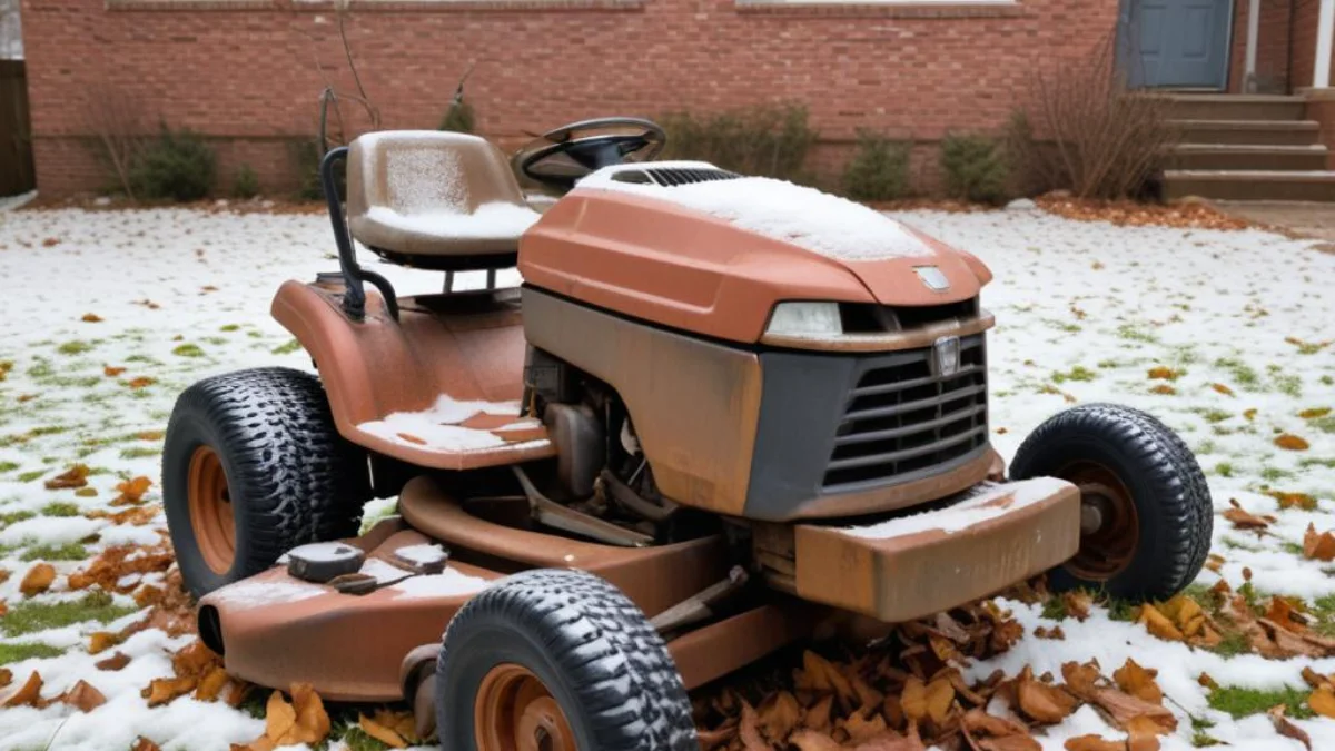 A rusty lawn mower with a cracked engine block sits neglected in a snow-dusted, leaf-strewn yard.