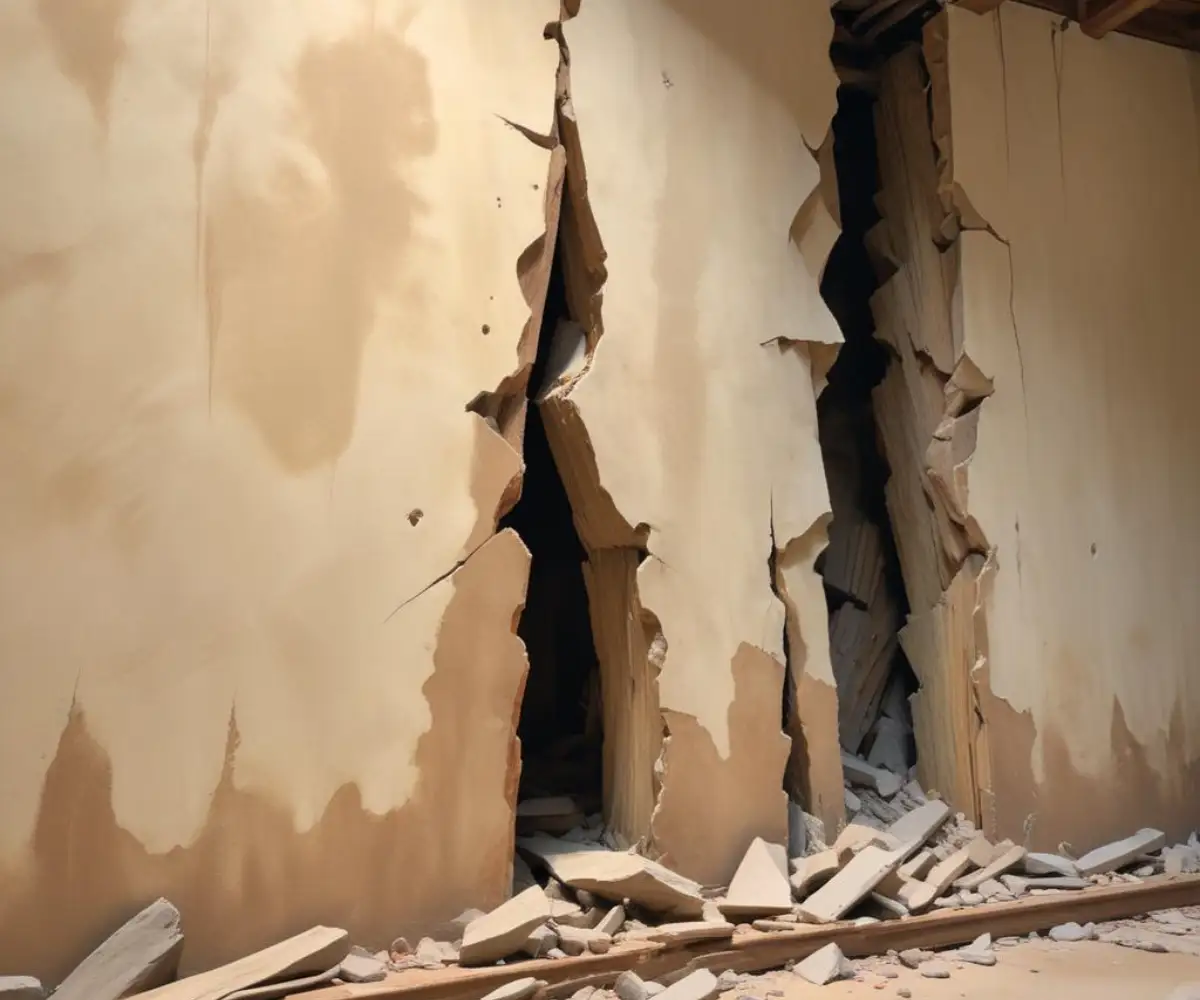 A close-up view of a large, jagged crack running down a plastered interior wall next to exposed wooden studs from a partially demolished section.