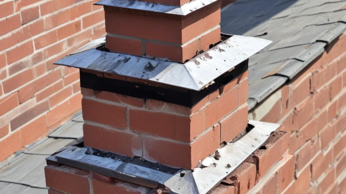 Damaged metal chimney cap loose on top of a brick chimney stack.