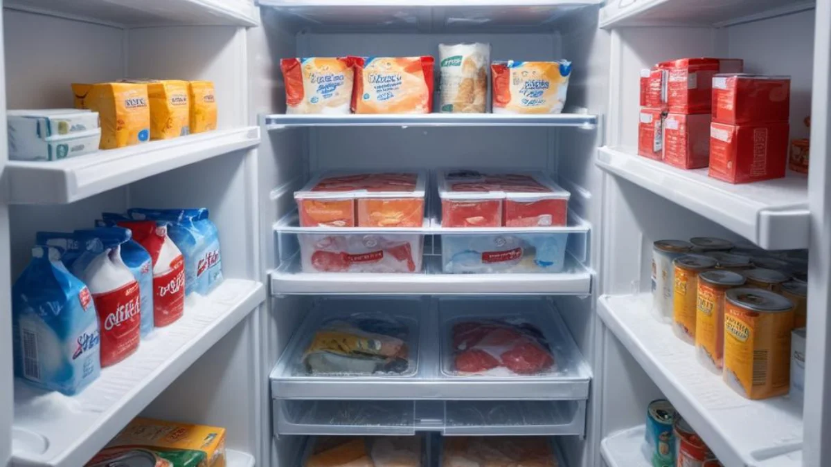 Interior of a home freezer with frosted food packages and ice crystal buildup on the shelves, illustrating typical temperature changes.