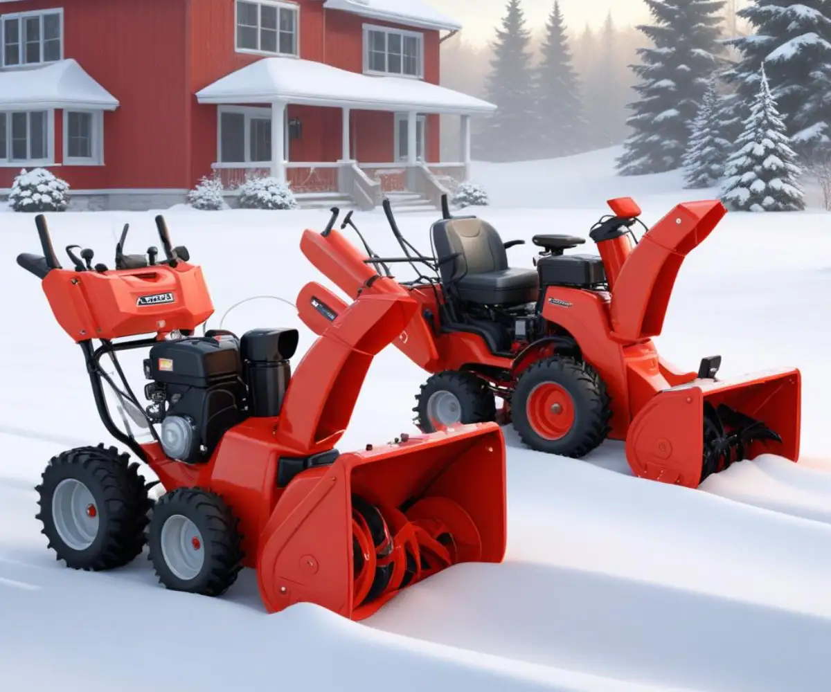 A red Ariens Deluxe snow blower next to a grey Ariens Platinum snow blower on a clean, white background.