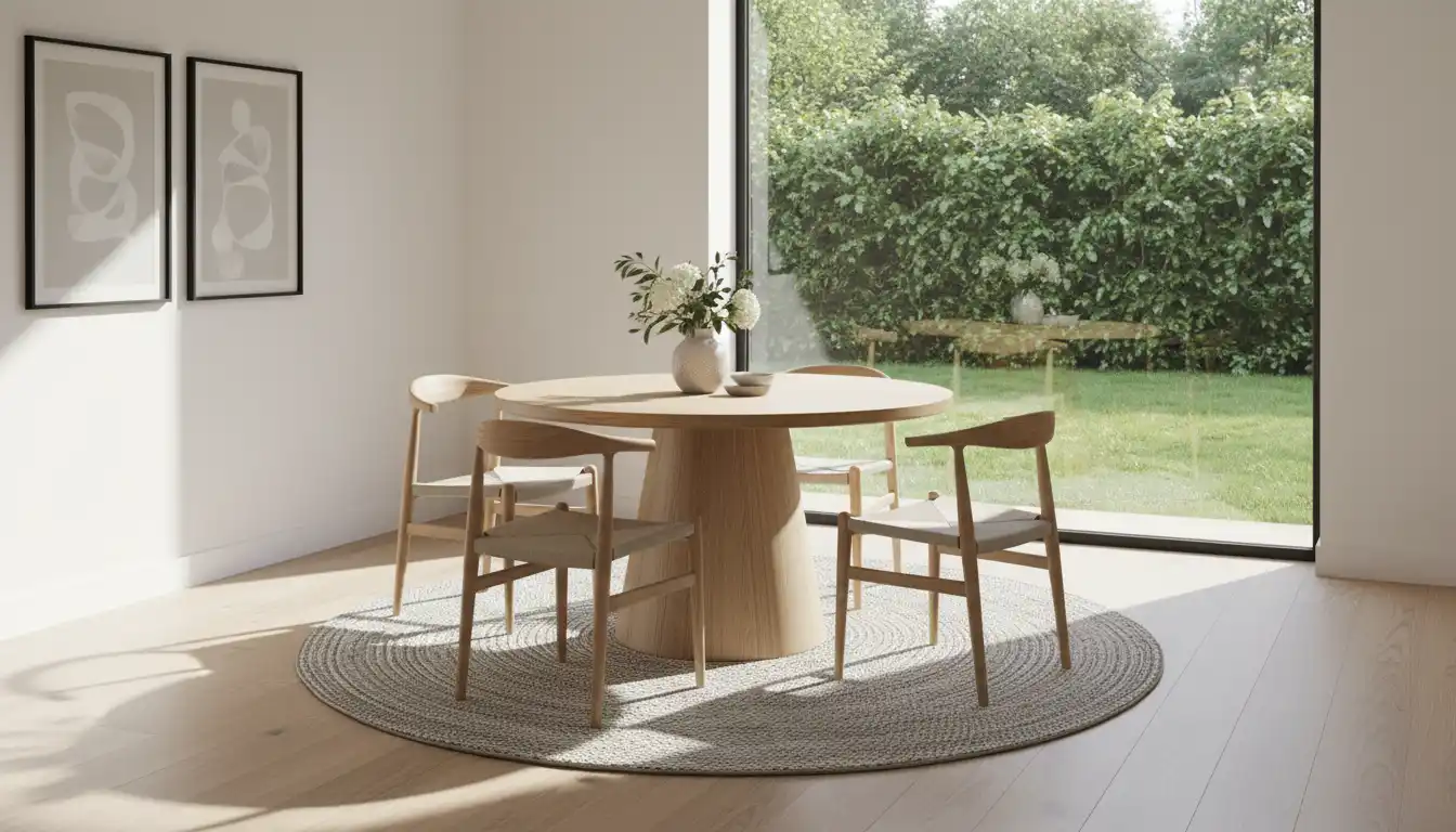 A round, light-wood pedestal dining table with four matching chairs in a small, well-lit dining area with a large window.