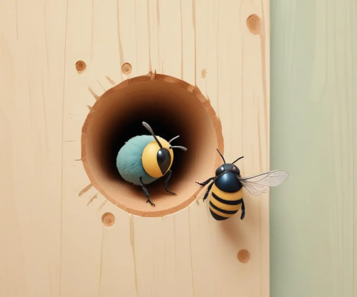 Close-up of a wooden dowel inserted into a carpenter bee hole in a cedar plank.