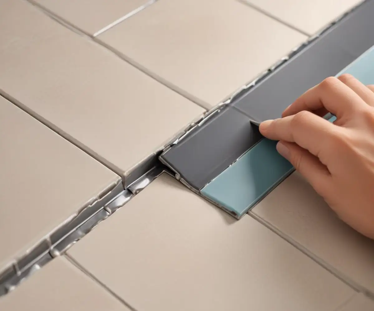 A close-up of a metal tile edge trim being fitted against a ceramic tile to determine the correct size for installation.