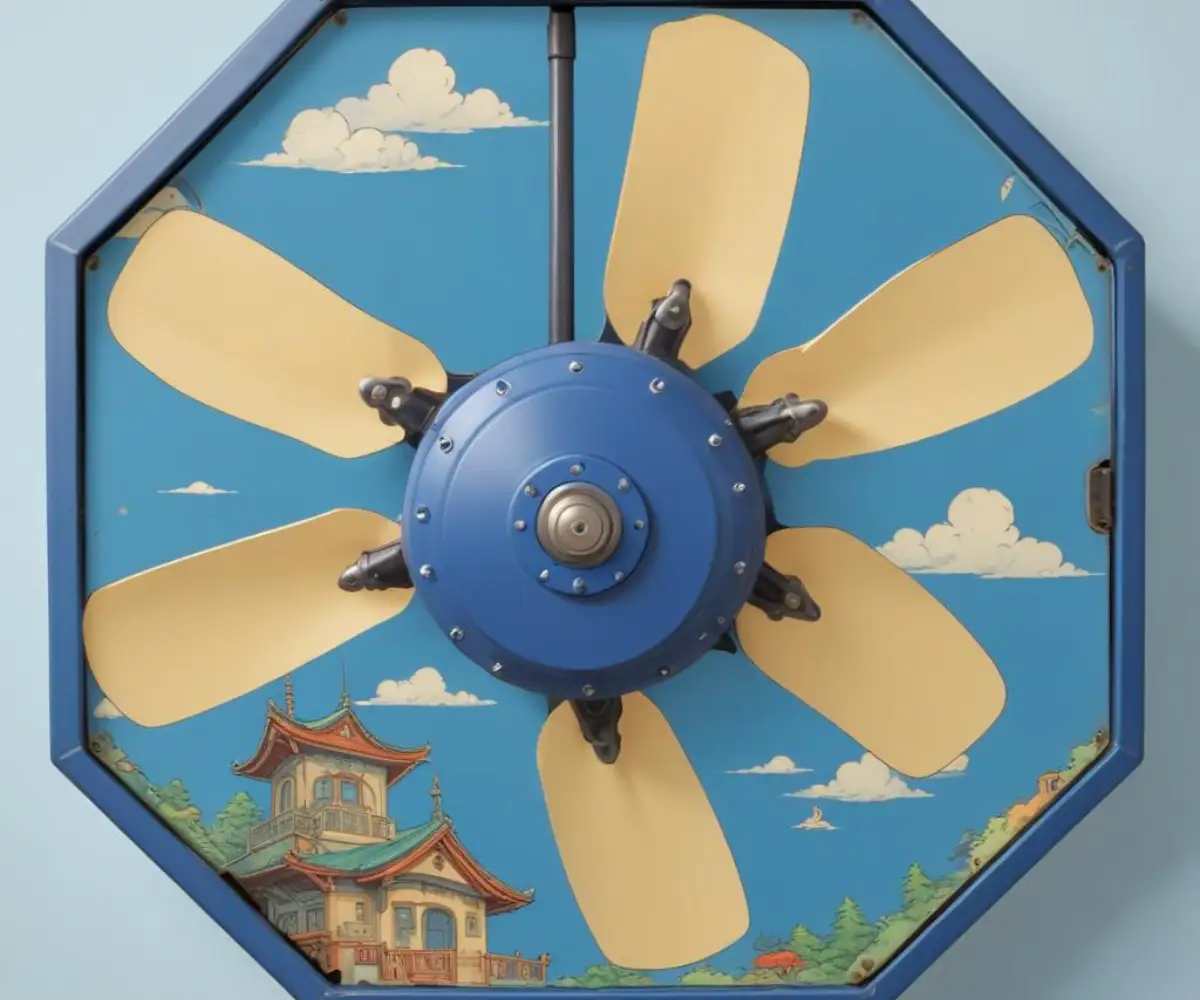 Blue octagonal metal ceiling fan electrical box with two mounting screws.