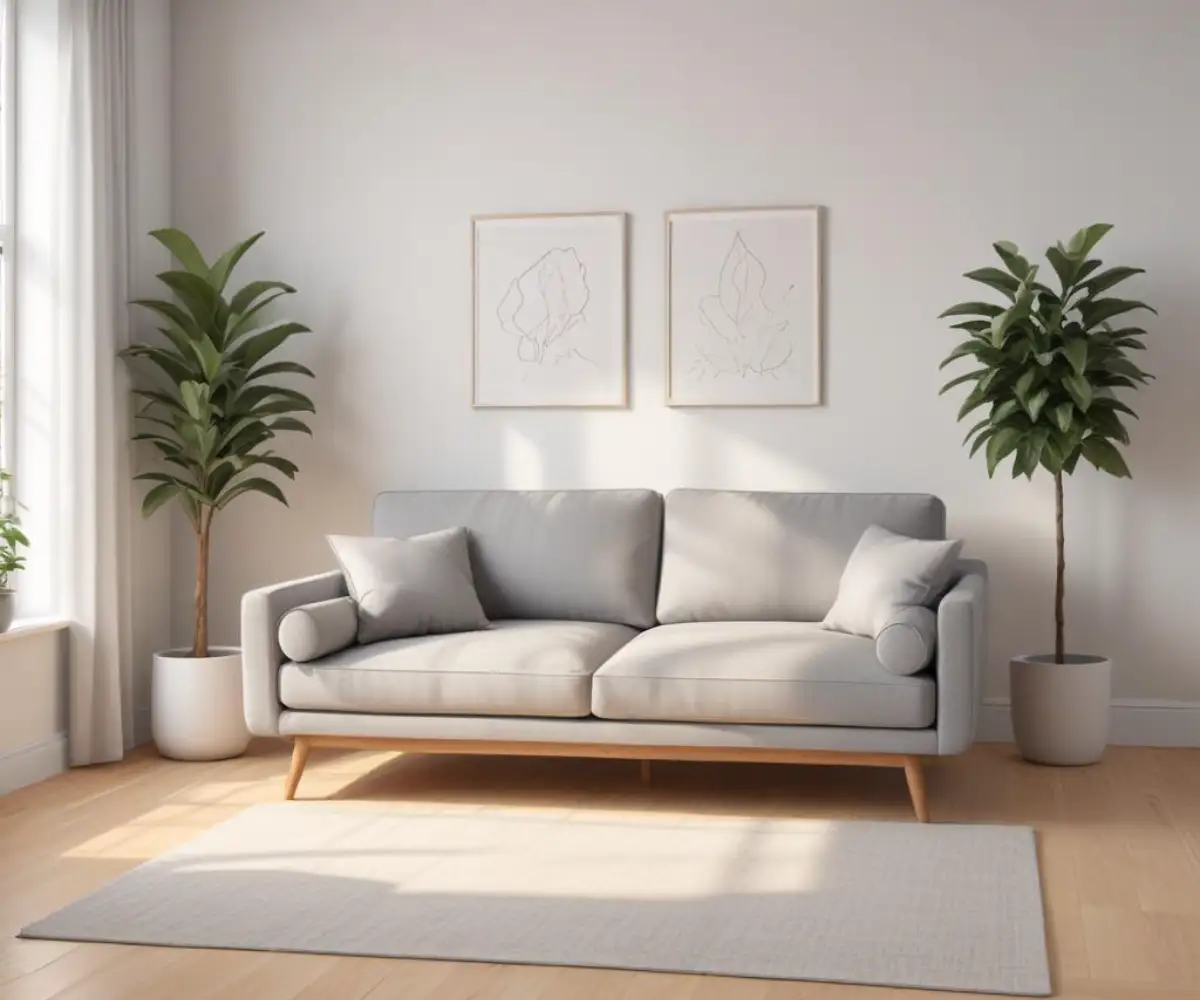 A light gray, two-seater apartment sofa against a plain white wall in a small, square living room with a light wood floor.