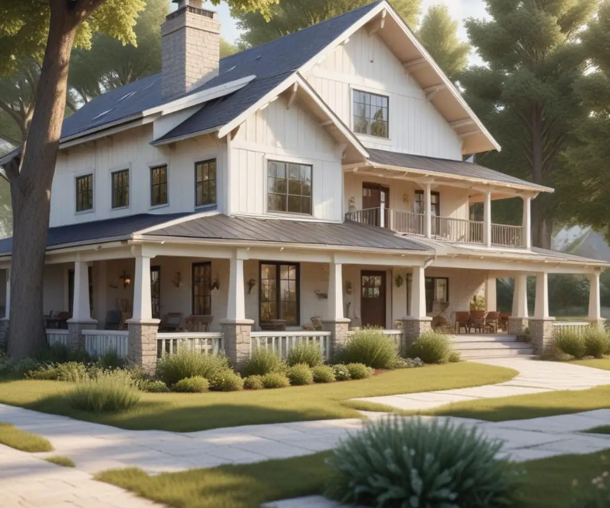 Digital rendering of a modern farmhouse exterior design on a computer screen.