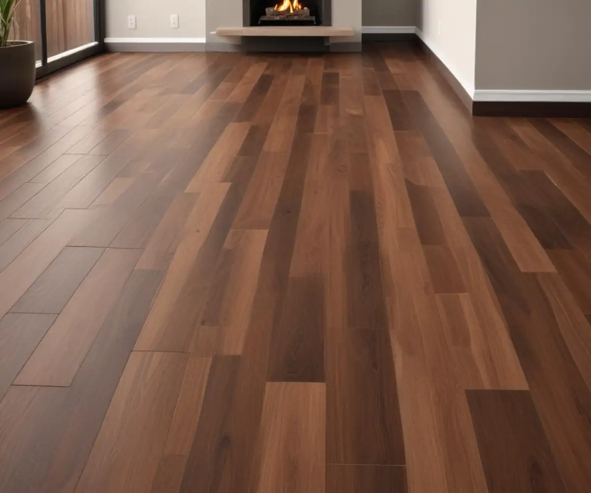 A seamless transition between a dark hardwood floor and a lighter wood-look tile floor in a modern home.