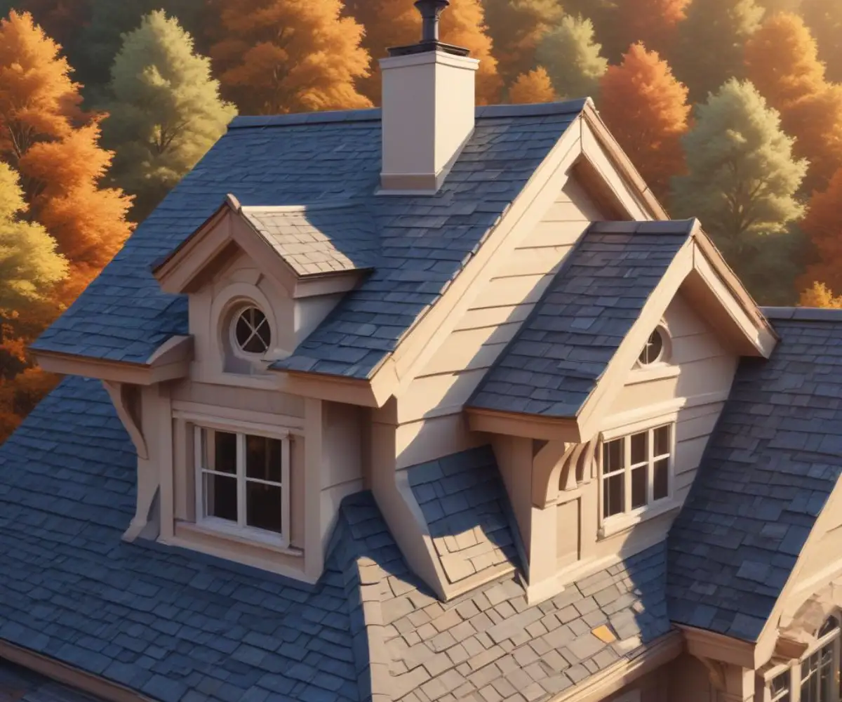Exterior view of a house roof featuring decorative, non-functional fake dormer windows.