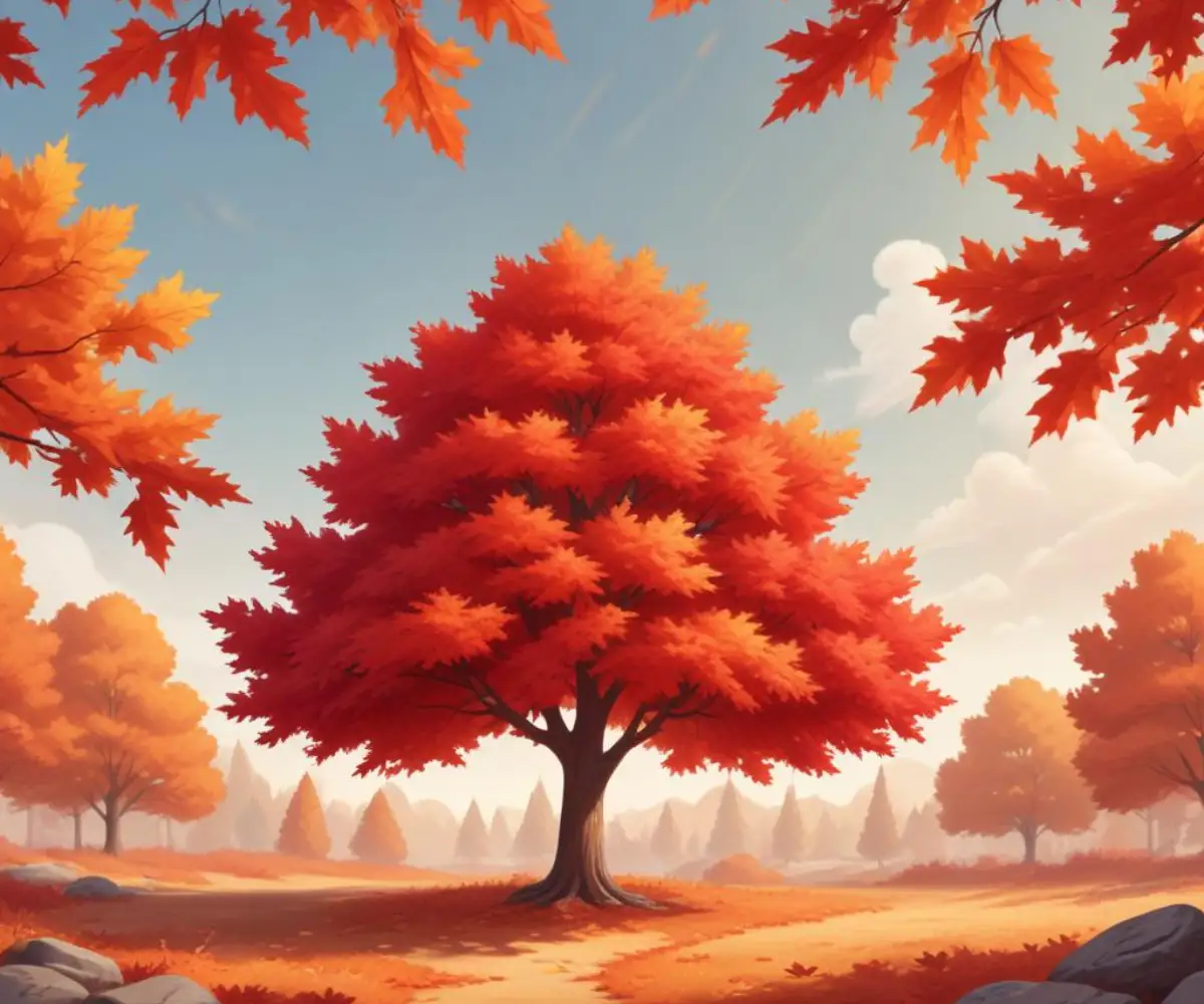 A brilliant red Autumn Blaze Maple tree with a symmetrical oval canopy under a bright autumn sky.