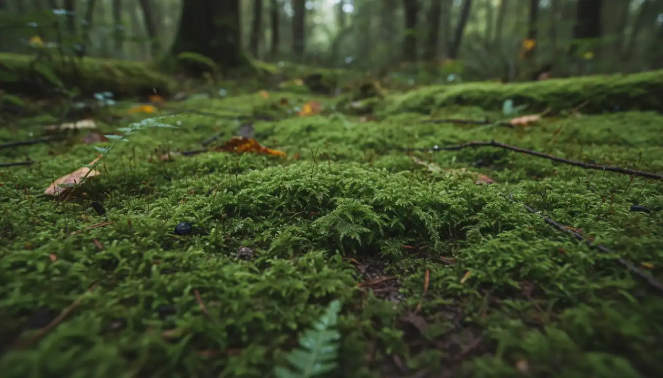 Lush, green sheet moss covering damp soil in a forest.