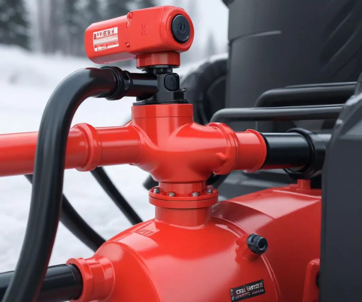 A close-up of a red, plastic, inline fuel shut-off valve connected to a black fuel line on a snowblower engine.