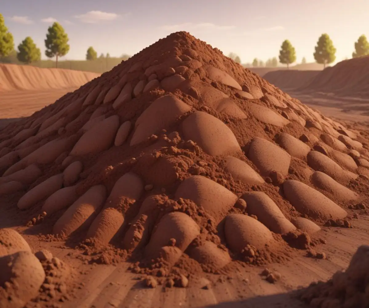 A large pile of rich, brown clay soil sits on a dirt surface, ready for a landscaping or grading project.