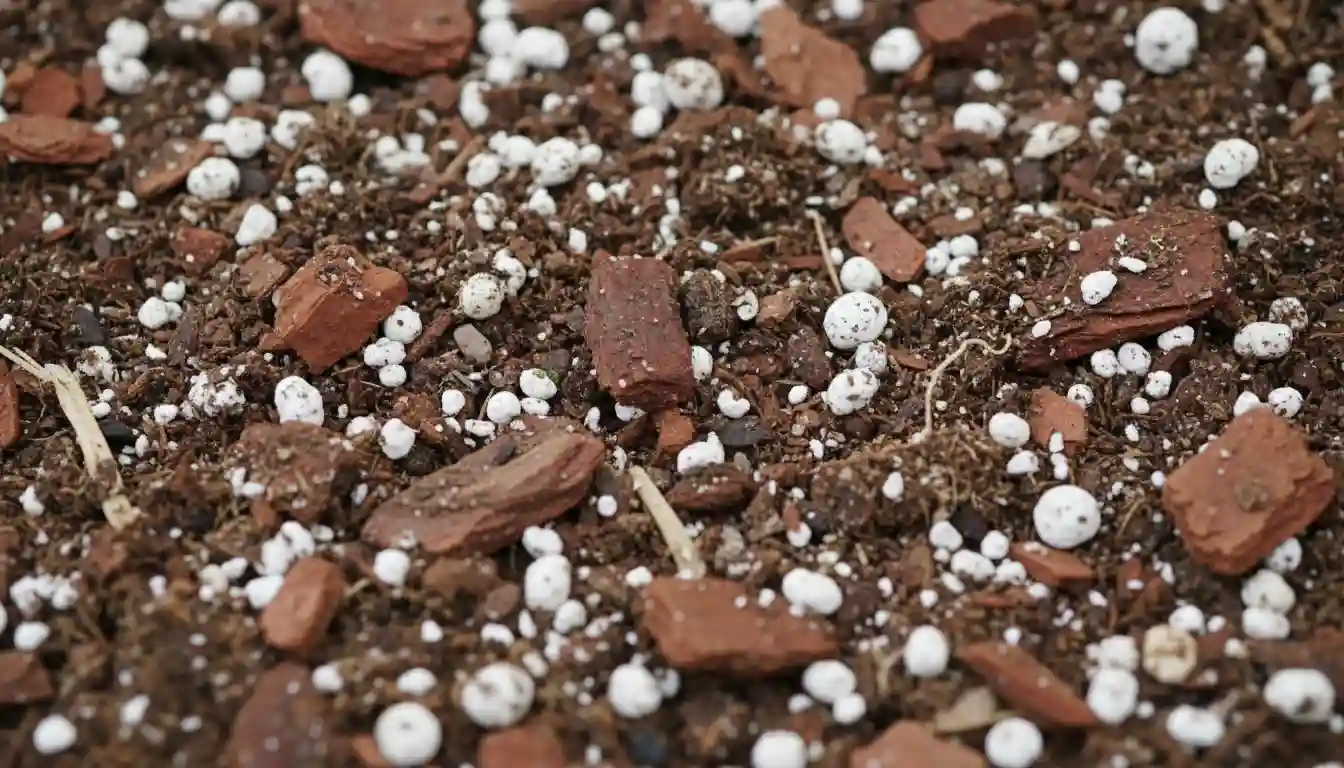 A close-up of loose, chunky, well-draining potting soil with visible pieces of bark and perlite.