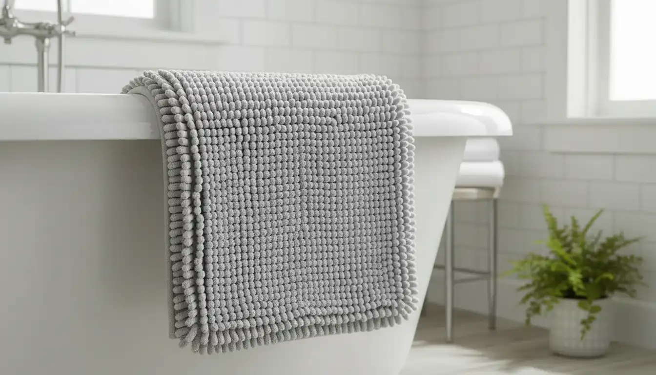 A fluffy, light gray bath mat with a non-slip backing hanging over the edge of a white porcelain bathtub to air dry.