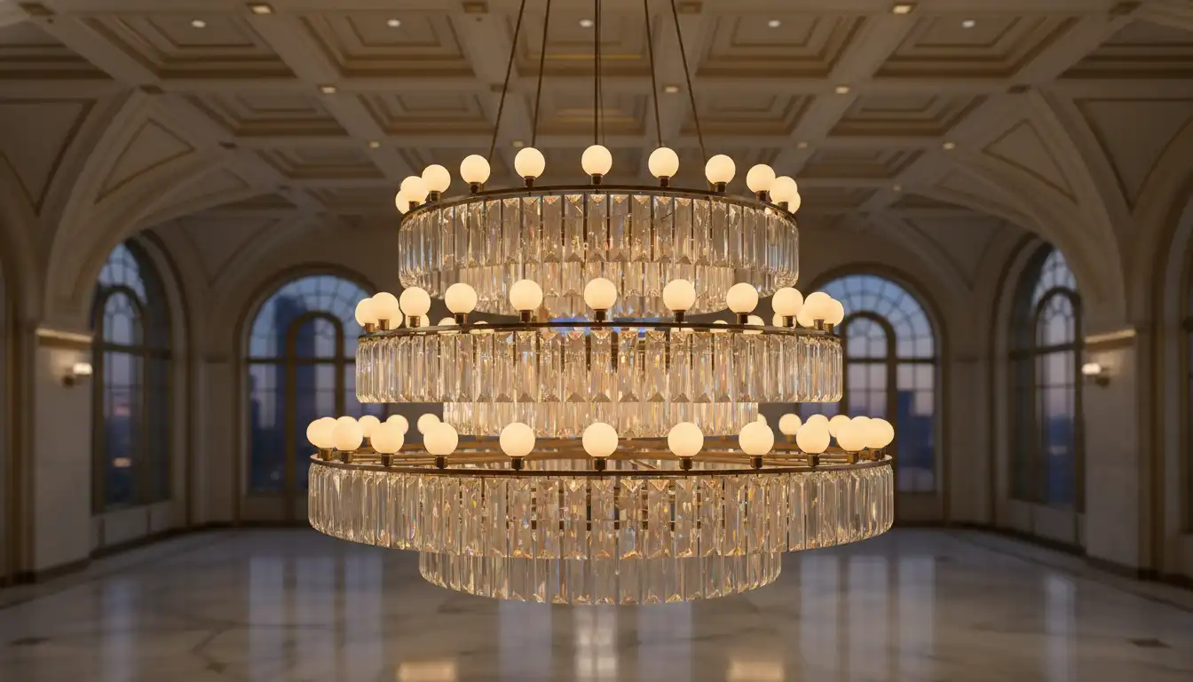 A modern, multi-tiered crystal chandelier with warm, glowing bulbs hanging from a high ceiling.