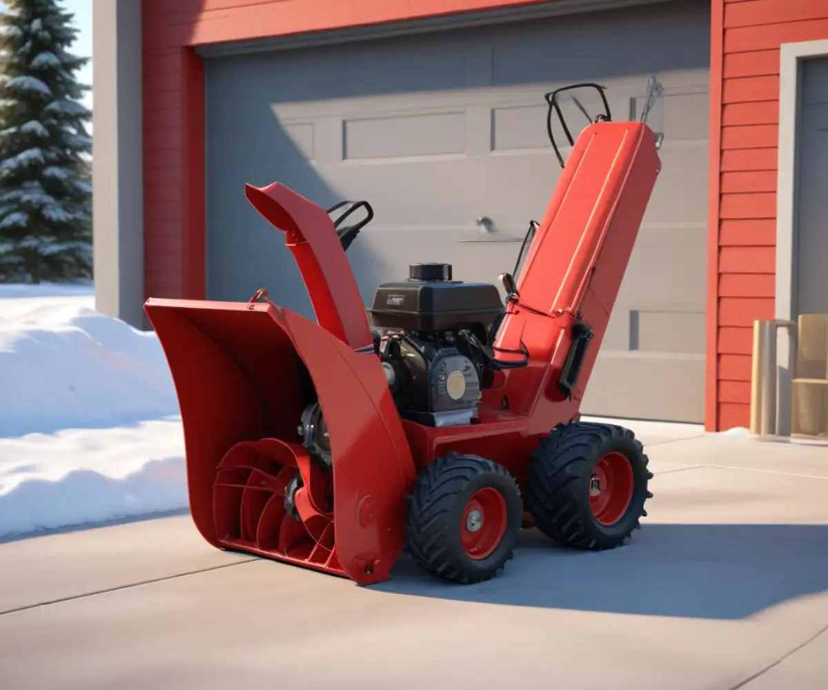 Red two-stage snowblower parked on a clean concrete garage floor.