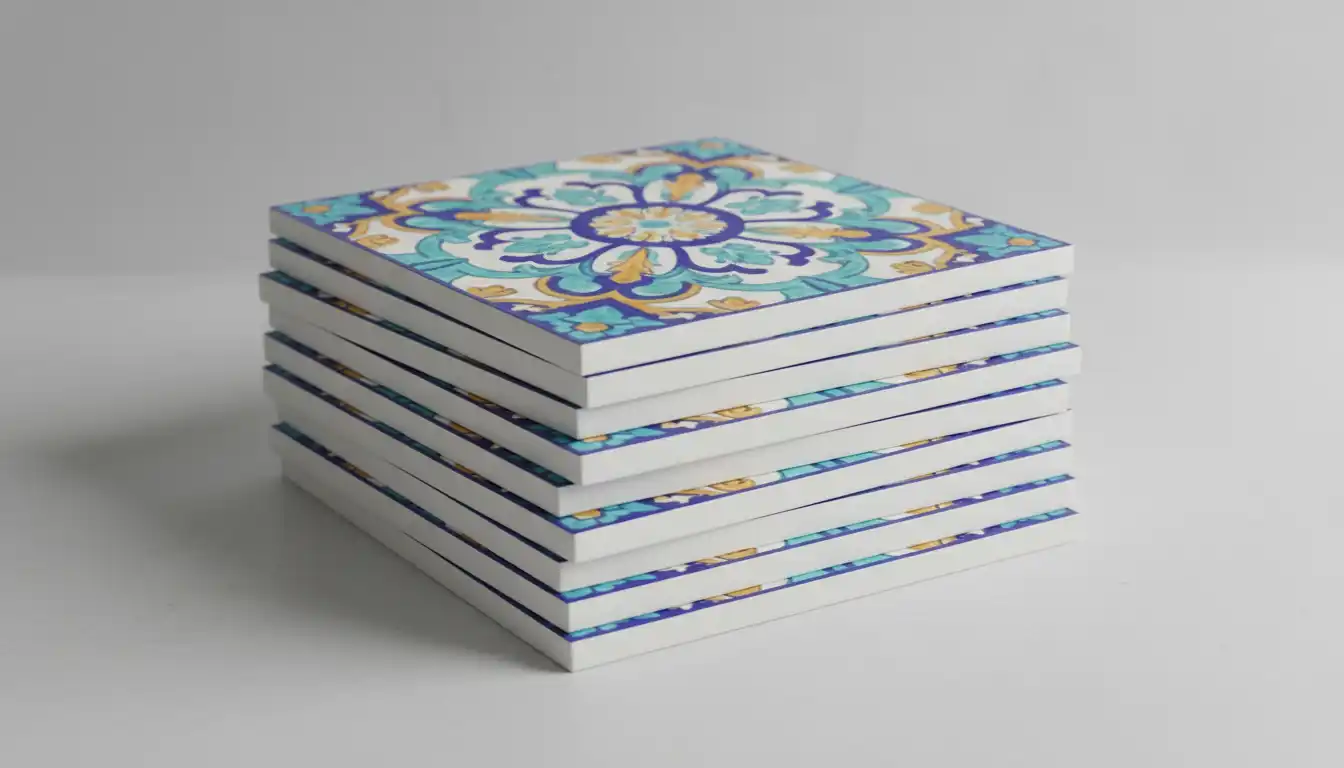 A stack of unused patterned ceramic tiles on a simple background.