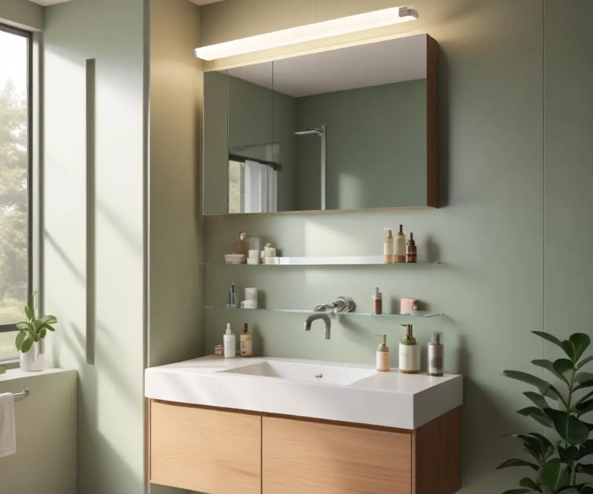 A recessed, mirrored medicine cabinet installed above a bathroom sink with the door slightly ajar.