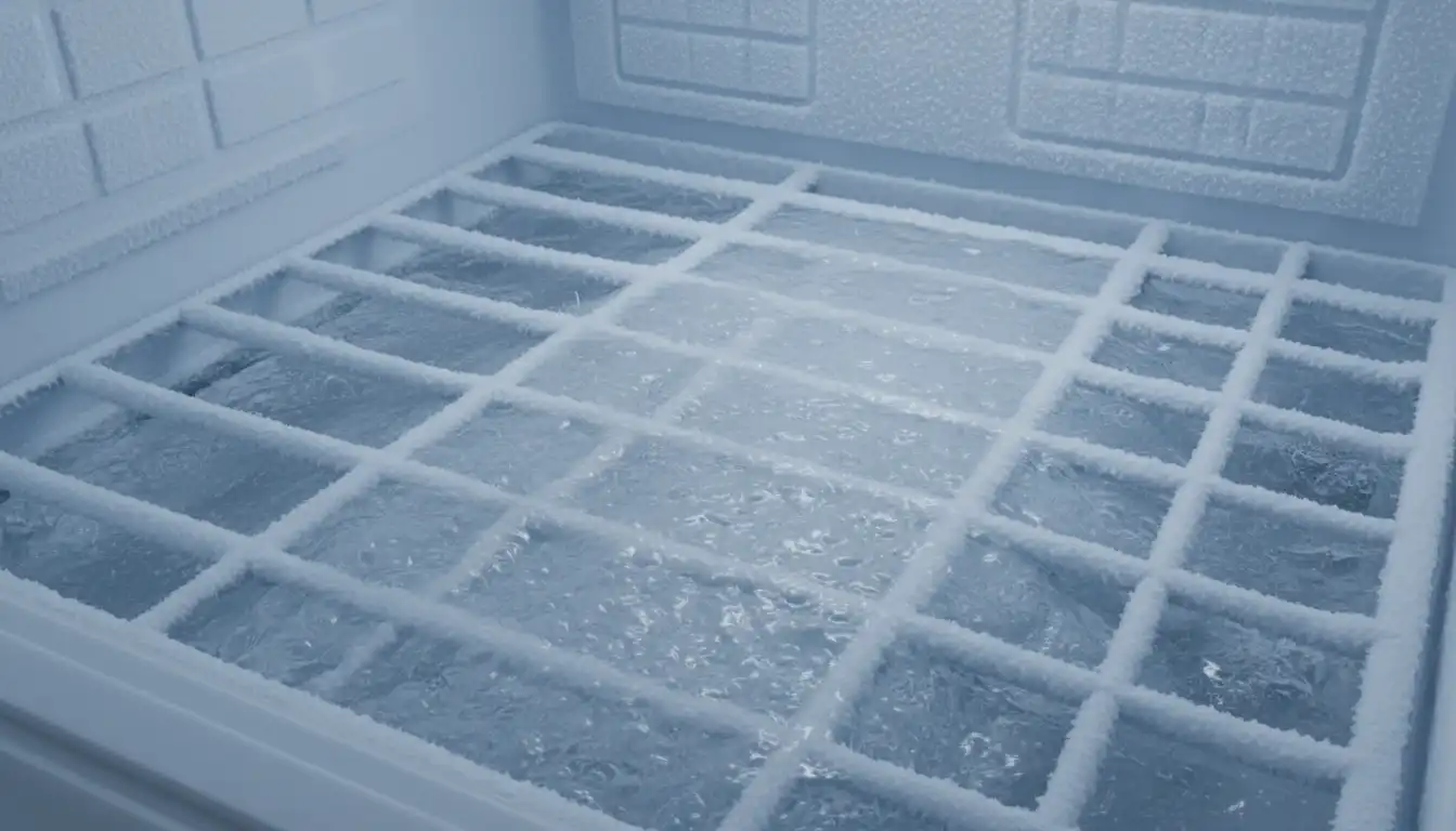 Thick layer of ice covering the bottom floor of a freezer compartment with wire shelves.