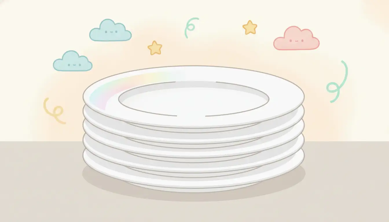 A neat stack of glossy, solid white ceramic dinner plates viewed from a three-quarters angle on a plain, neutral-colored surface.