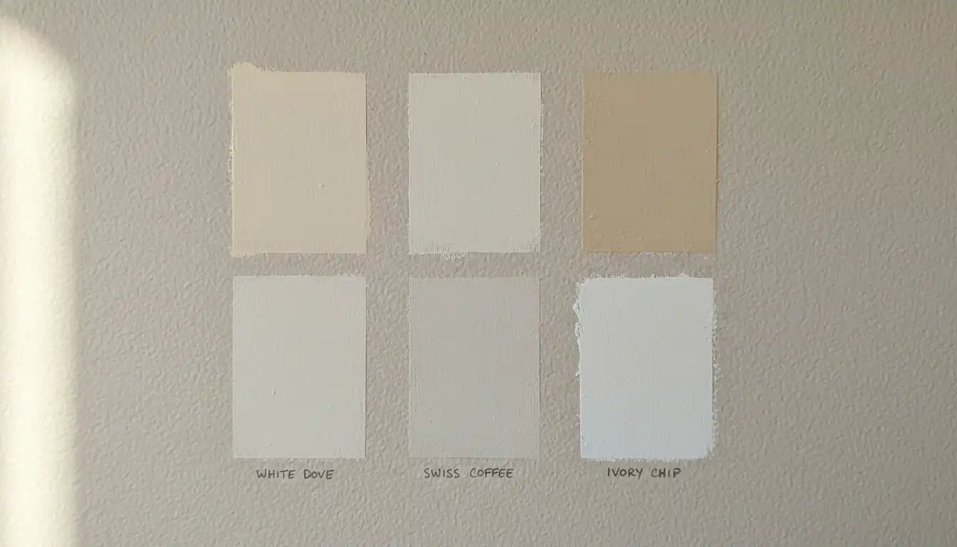 Paint color swatches in varying shades of off-white and cream on a plain wall.