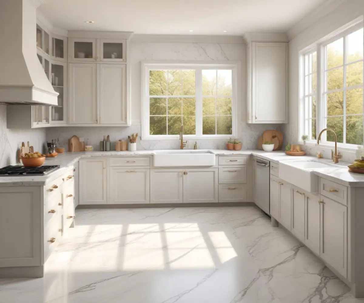 A bright kitchen with off-white cabinets in Benjamin Moore White Dove, paired with soft gray walls and a marble countertop.