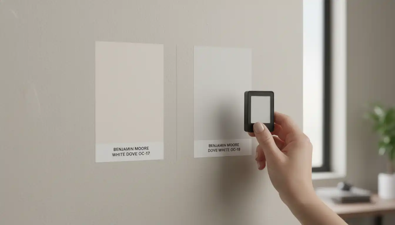 Two similar off-white paint swatches side-by-side on a neutral colored wall for comparison.