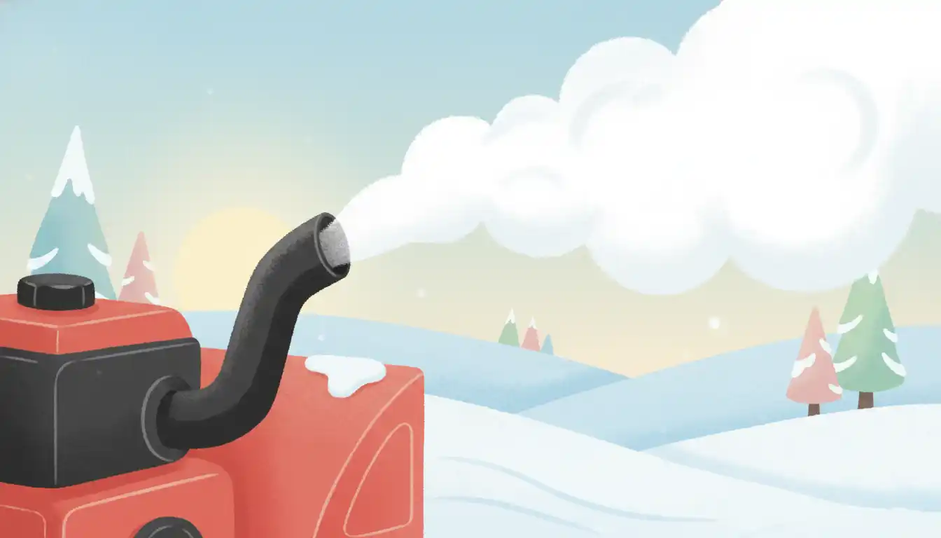 Close-up of a snowblower engine's exhaust pipe emitting a plume of white smoke against a snowy background.