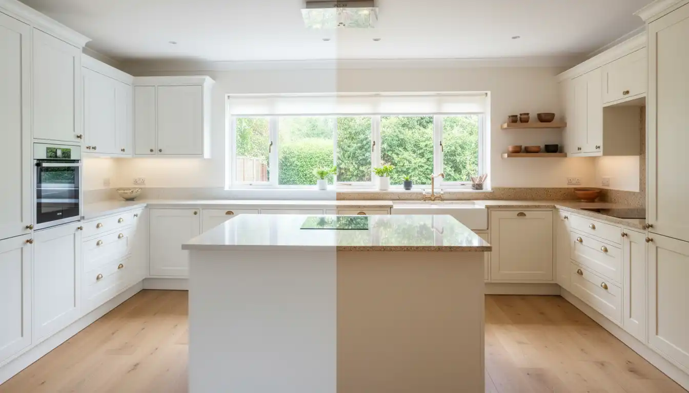 A kitchen interior showcasing a side-by-side comparison of bright white and warm cream-colored cabinetry under soft lighting.