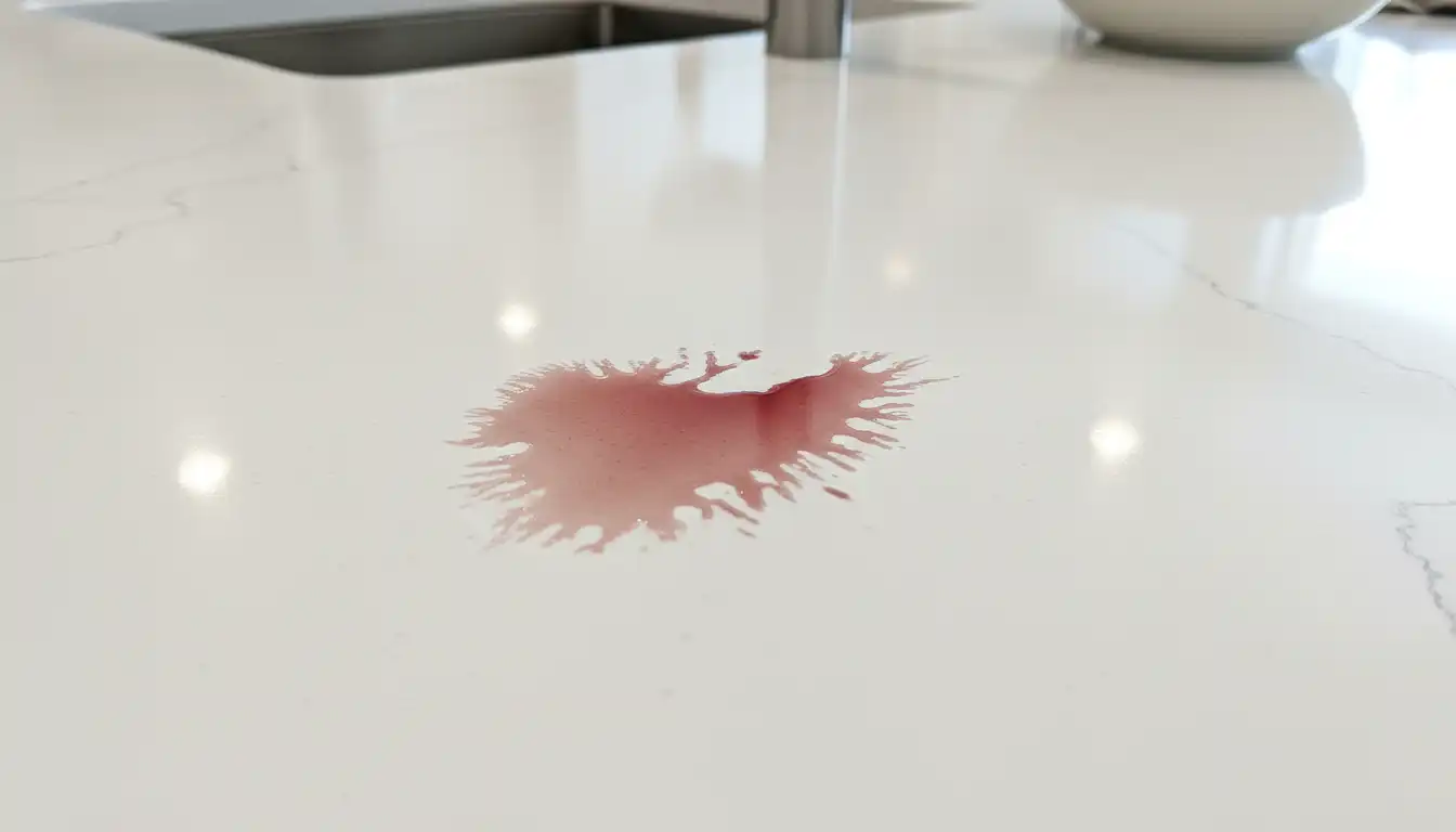 Close-up of a noticeable stain on a polished white quartz kitchen countertop.