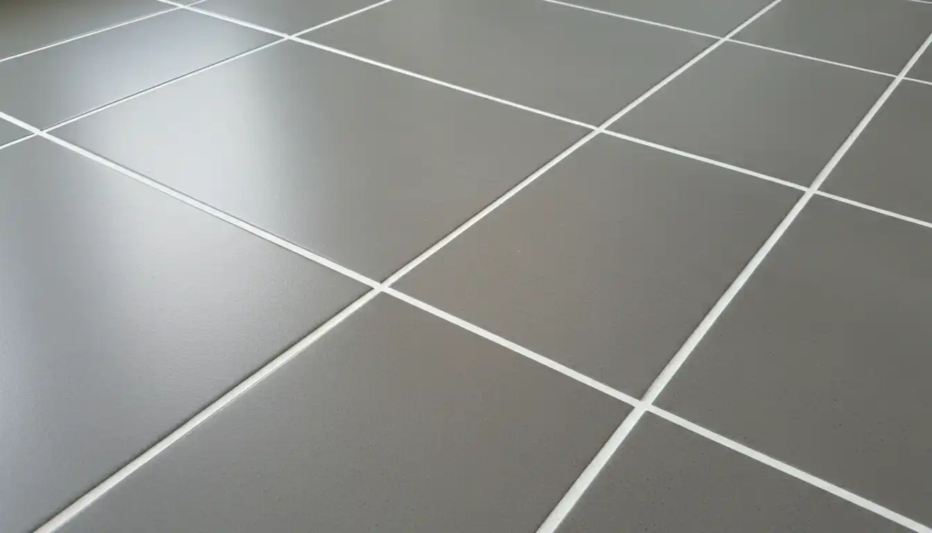 Close-up of clean, bright white grout lines between modern gray porcelain floor tiles.