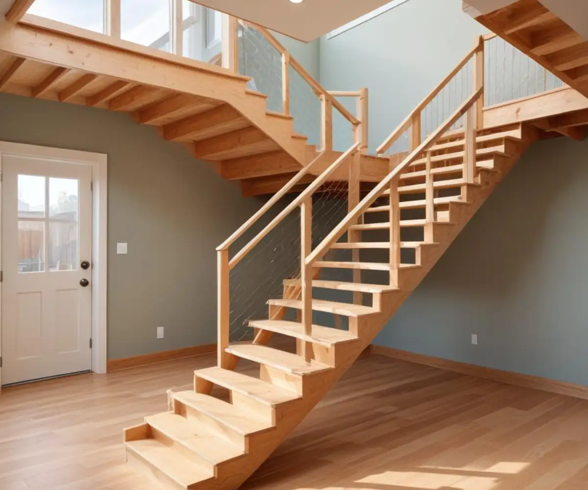 Unfinished wooden staircase with exposed stringers, risers, and treads in a new home construction.