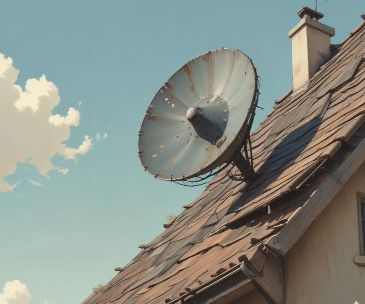 An unused, weathered satellite dish mounted to the fascia on the corner of a residential roof.
