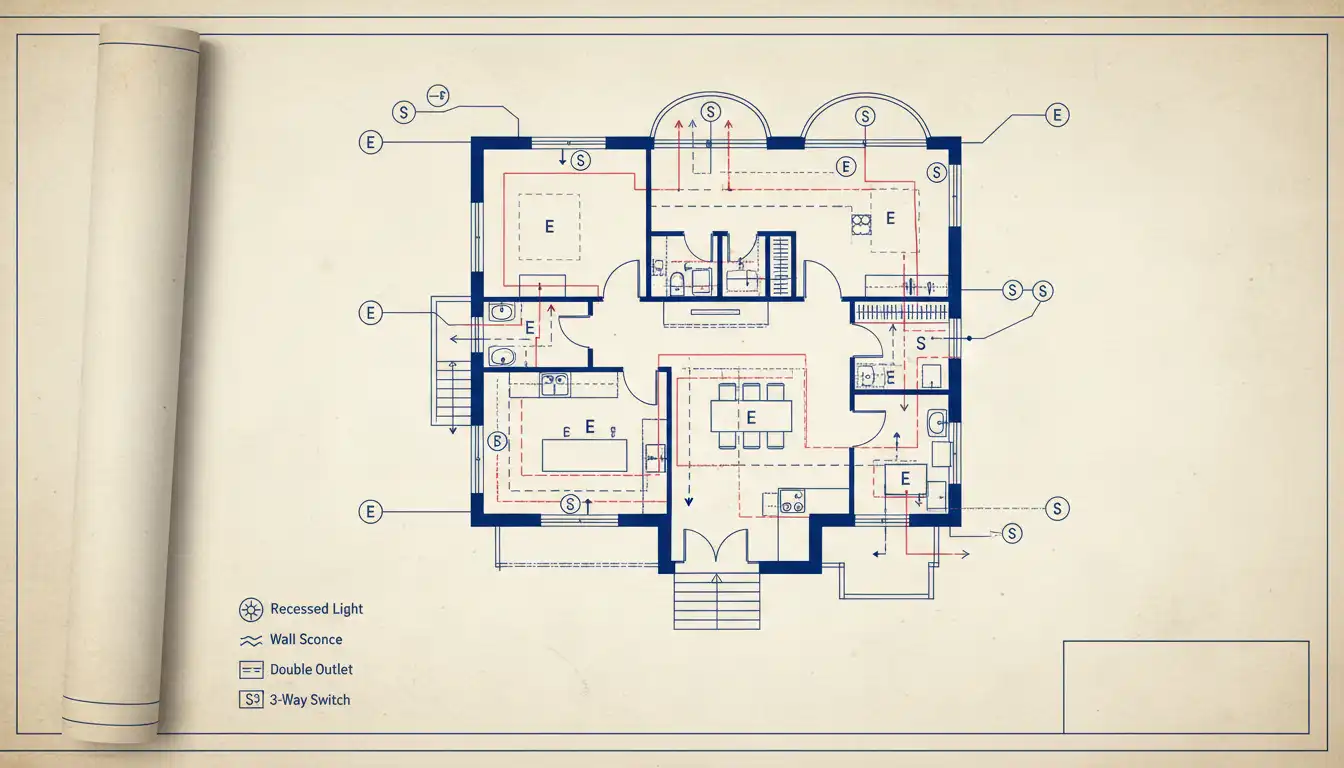 Detailed architectural blueprint showing the electrical wiring layout for a modern home.
