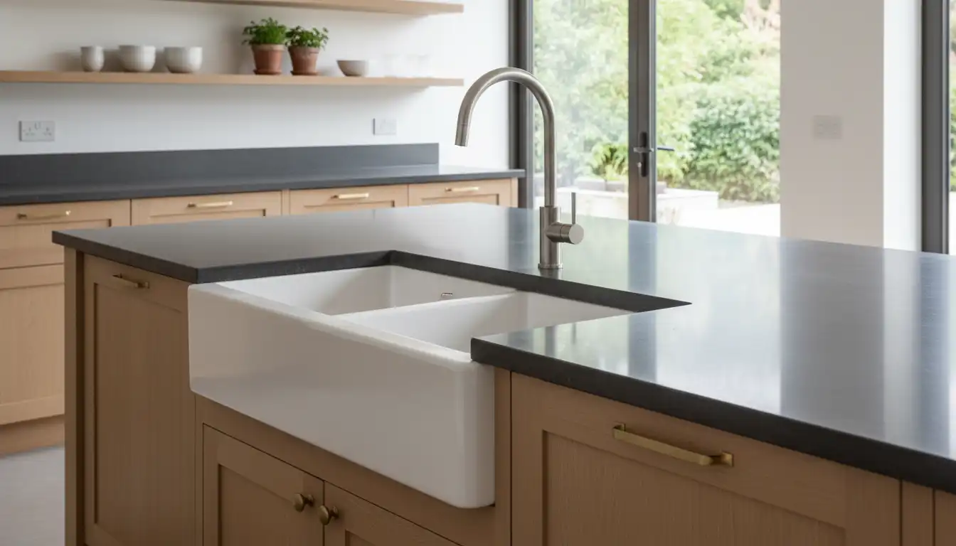 A white ceramic farmhouse sink installed in a modern kitchen countertop