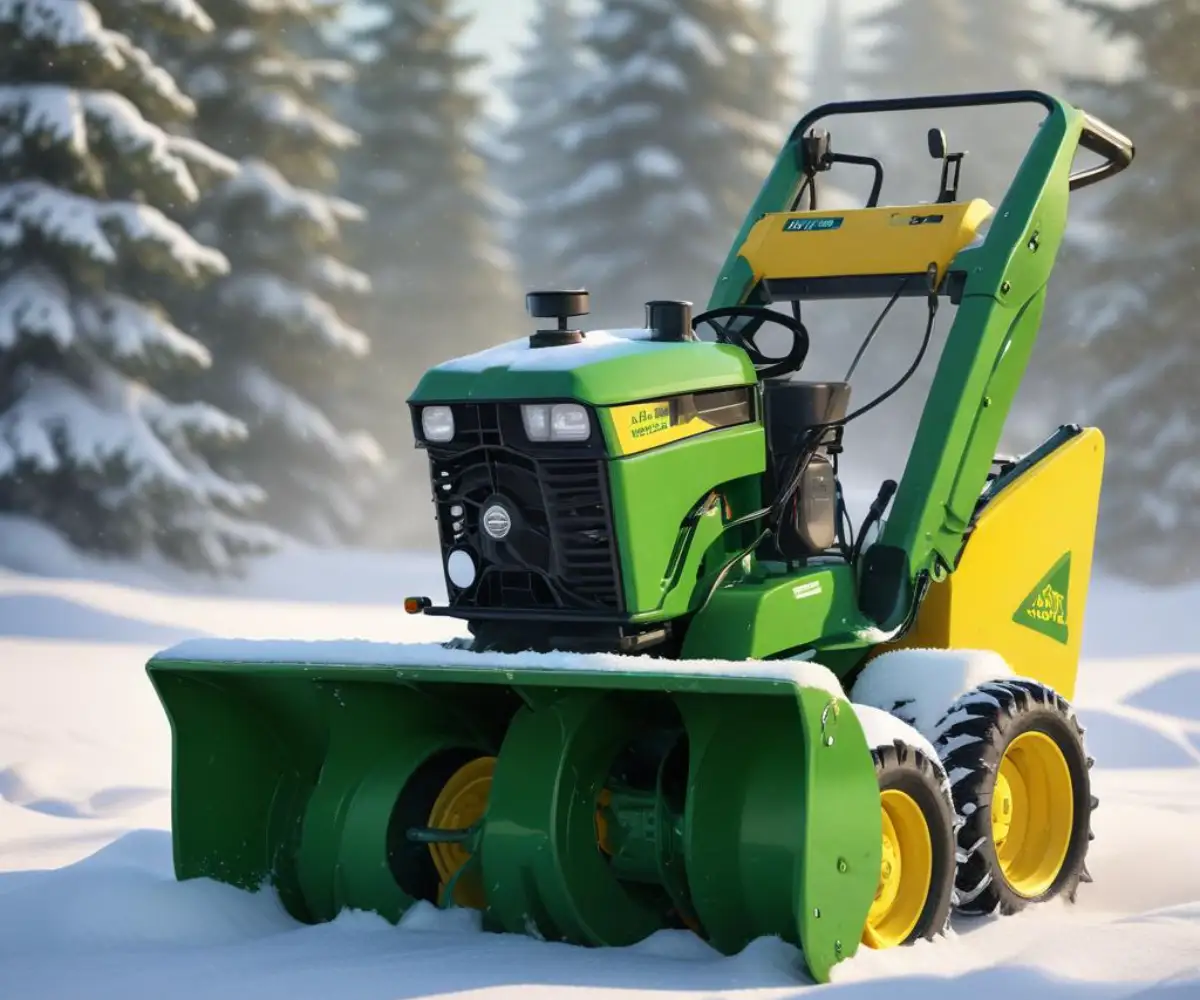 A green and yellow John Deere snow blower on a clean background.