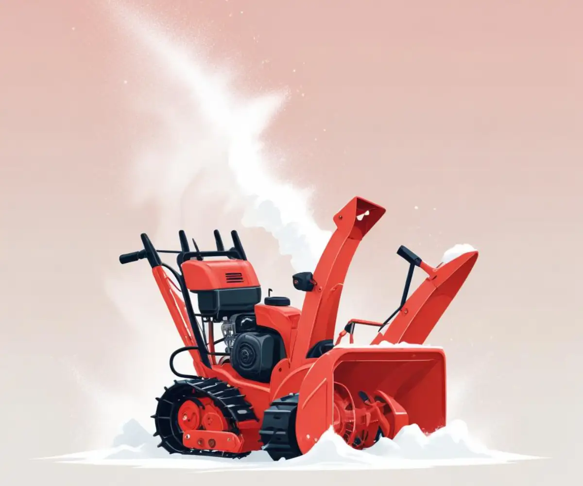 A red, two-stage Snow Devil snowblower with a black chute, on a plain white background.