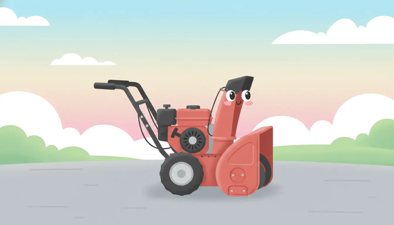 A side view of a red and black two-stage snowblower on a paved driveway with no snow.